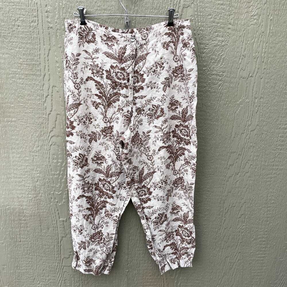 Charter Club Linen Pants Women Size 16 Tan Brown‎ Floral High Waist Tapered